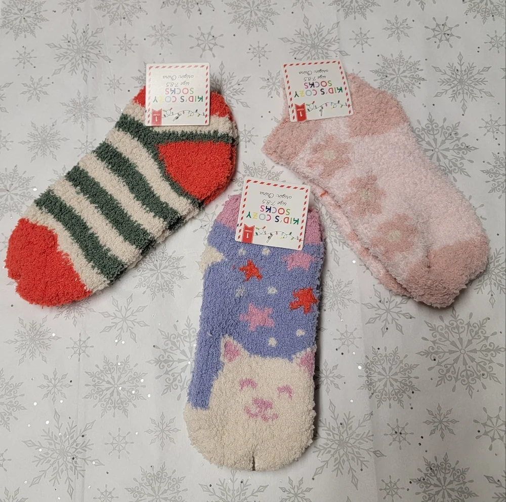 Kid's Cozy Socks Three Pairs of Fuzzy Socks Festive Winter Holiday Stripe Floral